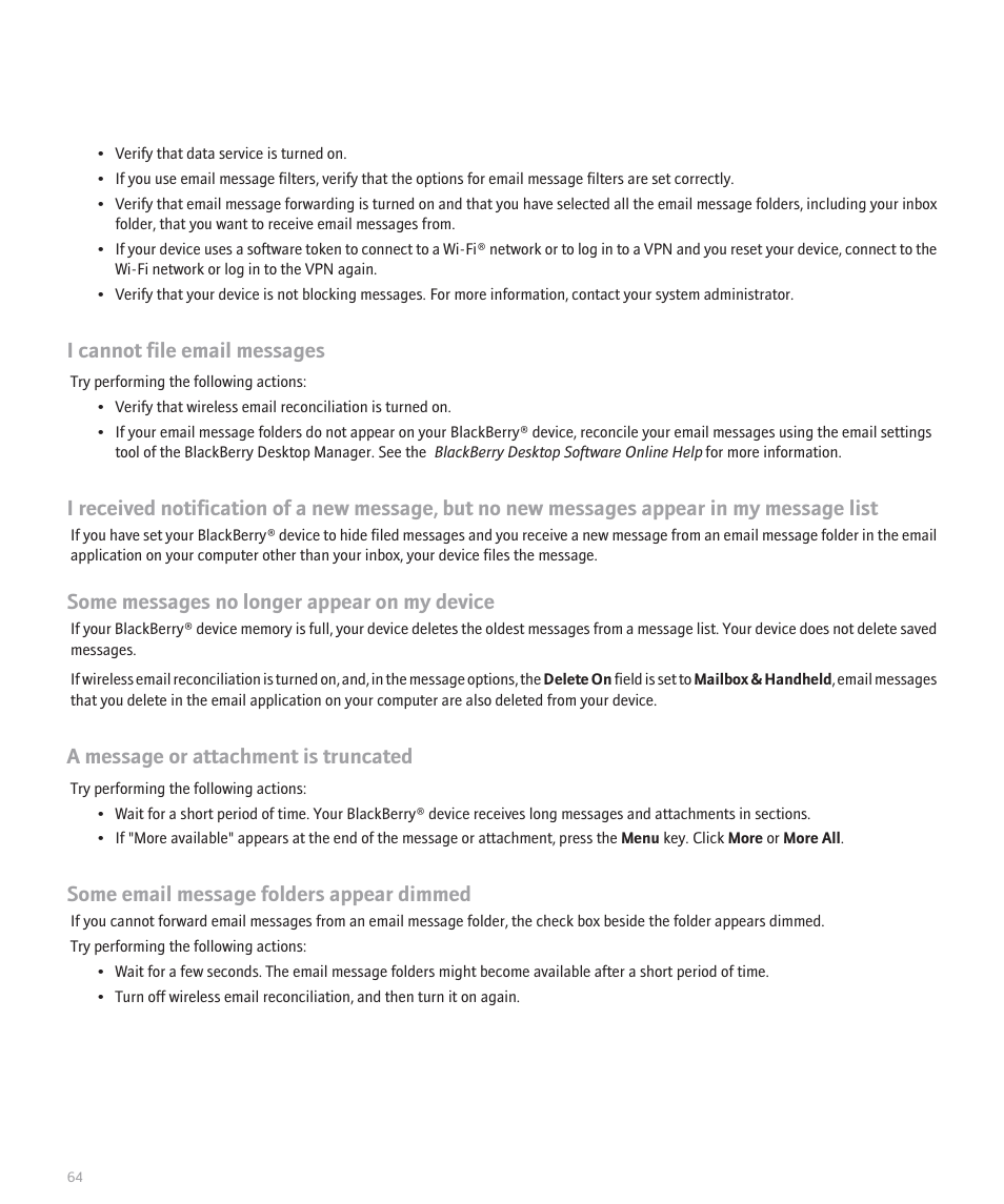 I cannot file email messages, Some messages no longer appear on my device, A message or attachment is truncated | Some email message folders appear dimmed | Blackberry 8320 User Manual | Page 66 / 288