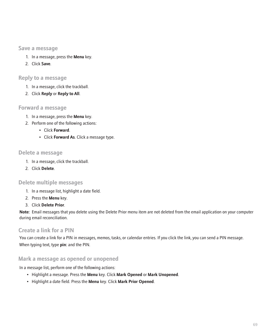 Save a message, Reply to a message, Forward a message | Delete a message, Delete multiple messages, Create a link for a pin, Mark a message as opened or unopened | Blackberry 8320 User Manual | Page 71 / 288