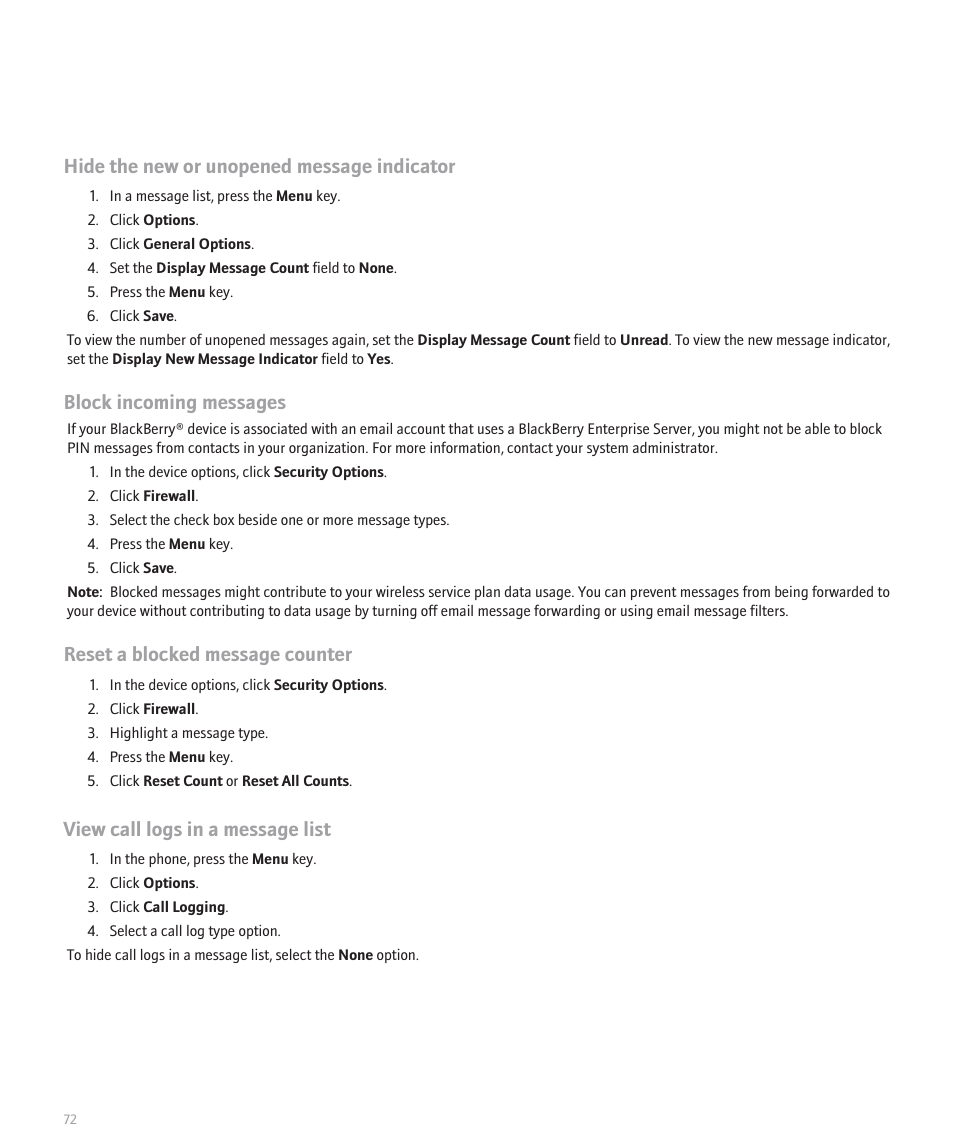Hide the new or unopened message indicator, Block incoming messages, Reset a blocked message counter | View call logs in a message list | Blackberry 8320 User Manual | Page 74 / 288