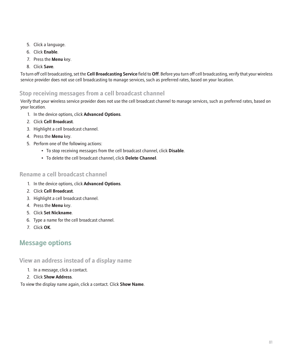 Message options, Rename a cell broadcast channel, View an address instead of a display name | Blackberry 8320 User Manual | Page 83 / 288