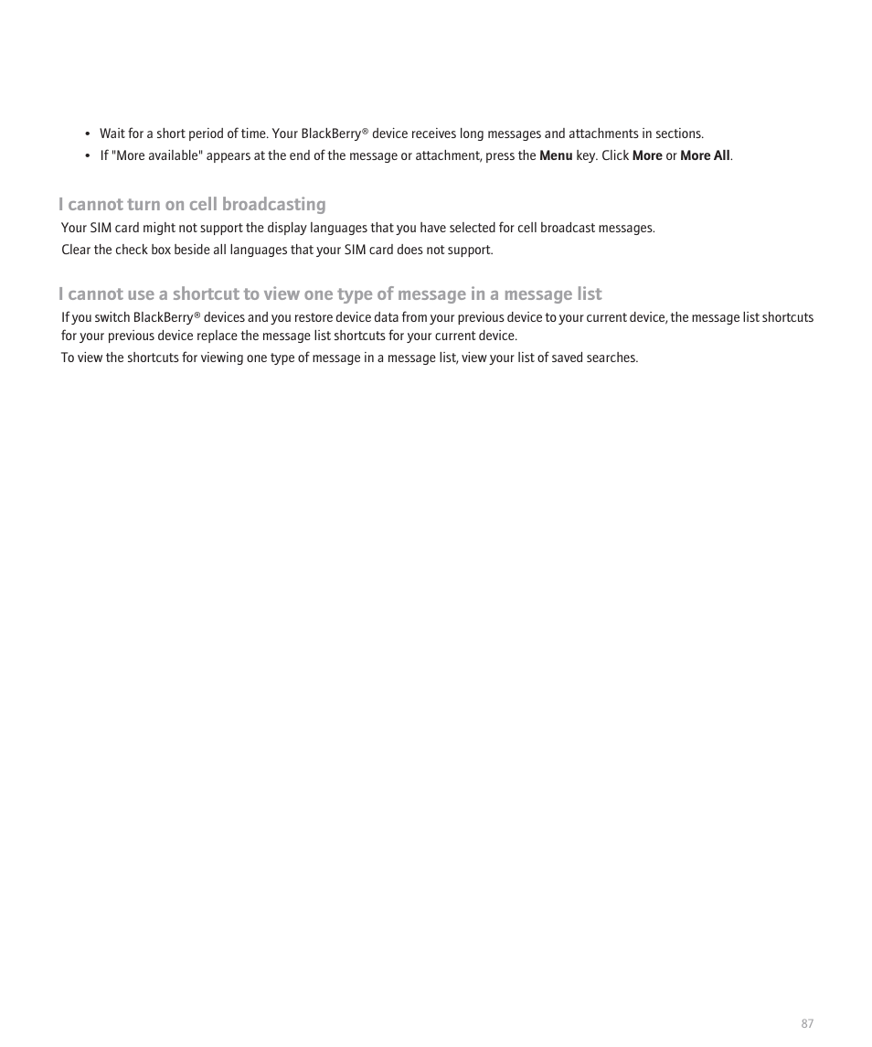 I cannot turn on cell broadcasting | Blackberry 8320 User Manual | Page 89 / 288