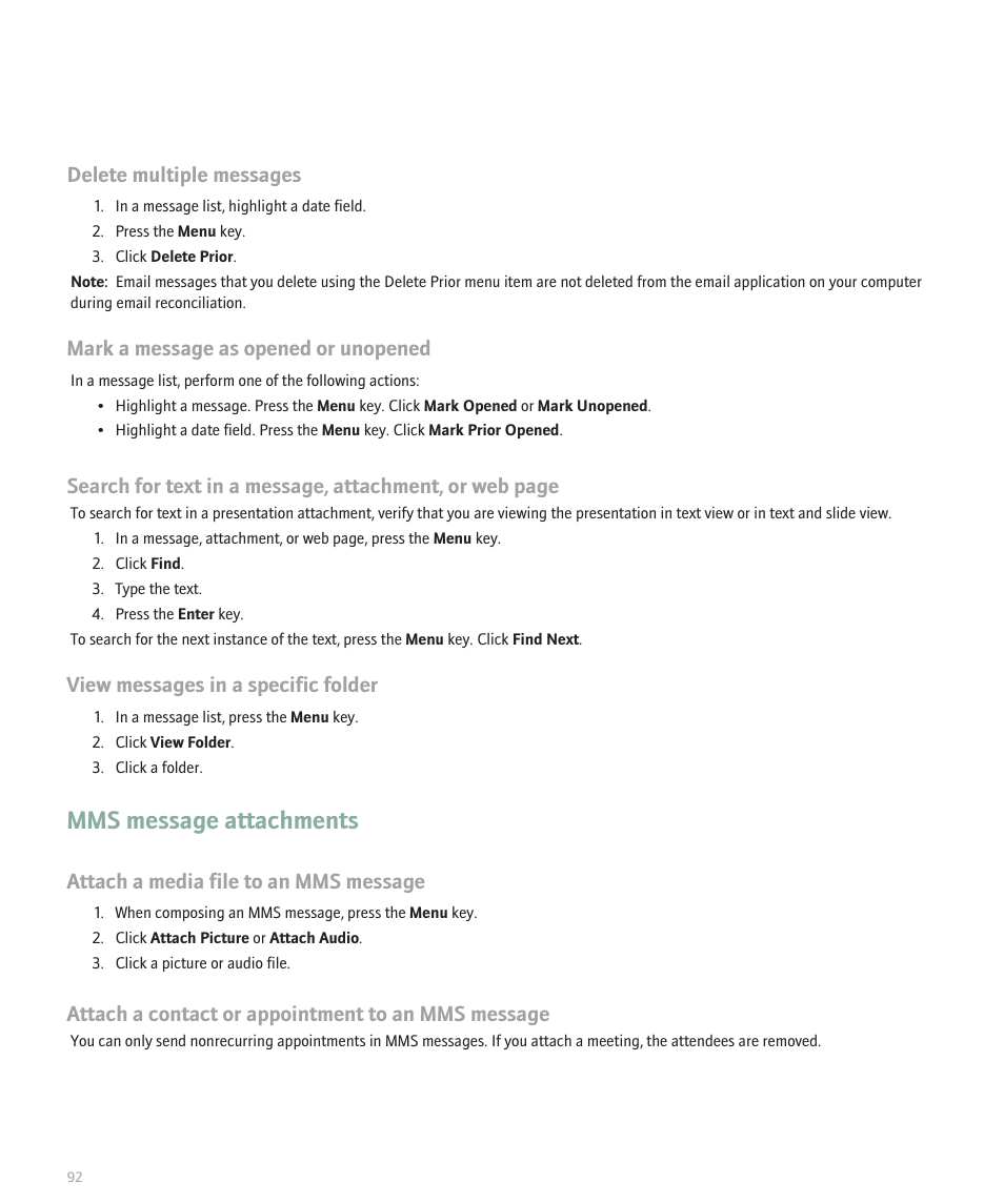 Mms message attachments, Delete multiple messages, Mark a message as opened or unopened | View messages in a specific folder, Attach a media file to an mms message, Attach a contact or appointment to an mms message | Blackberry 8320 User Manual | Page 94 / 288