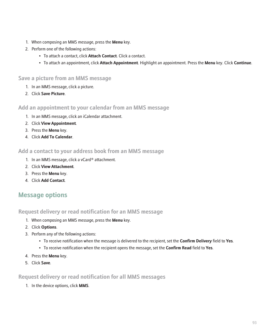 Message options, Save a picture from an mms message | Blackberry 8320 User Manual | Page 95 / 288