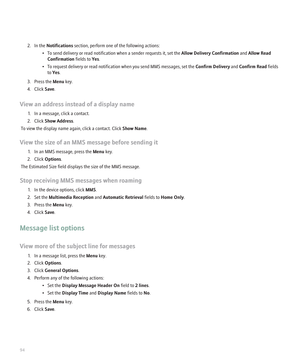 Message list options, View an address instead of a display name, View the size of an mms message before sending it | Stop receiving mms messages when roaming, View more of the subject line for messages | Blackberry 8320 User Manual | Page 96 / 288