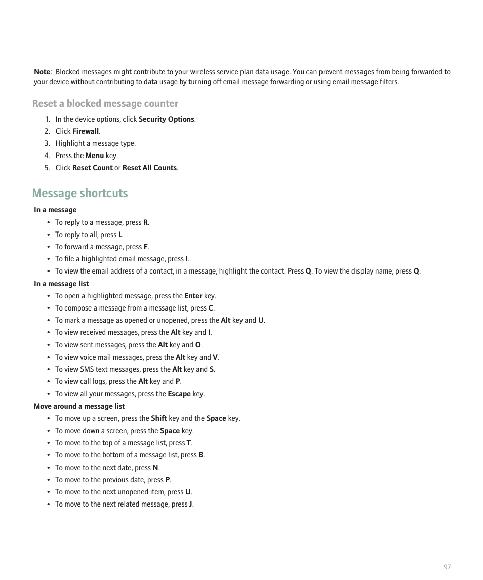 Message shortcuts, Reset a blocked message counter | Blackberry 8320 User Manual | Page 99 / 288