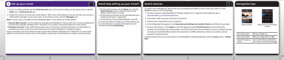 Set up your email, Need help setting up your email, Switch devices | Navigation tips | Blackberry Torch 9800 User Manual | Page 3 / 6