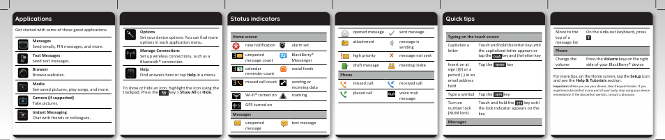 Applications, Status indicators, Quick tips | Blackberry Torch 9800 User Manual | Page 4 / 6