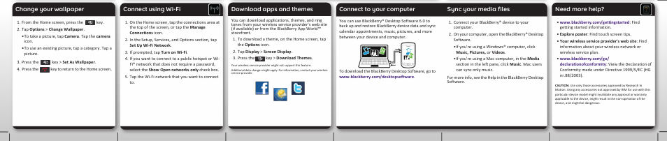 Change your wallpaper, Connect using wi-fi, Download apps and themes | Connect to your computer, Sync your media files, Need more help | Blackberry Torch 9800 User Manual | Page 6 / 6
