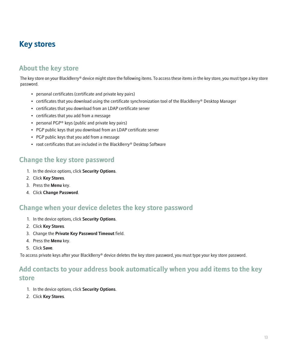Key stores, About the key store, Change the key store password | Blackberry 8800 Series User Manual | Page 15 / 25
