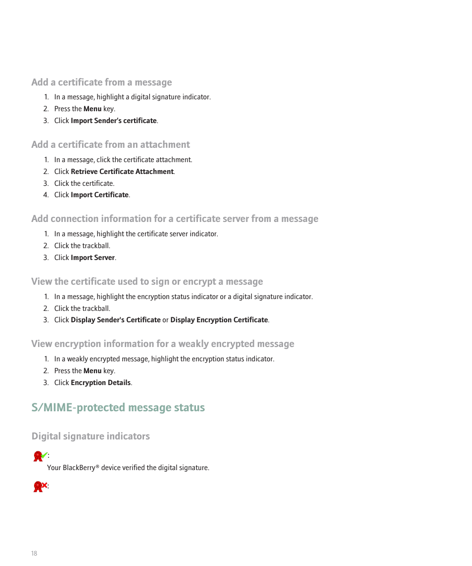 S/mime-protected message status, Add a certificate from a message, Add a certificate from an attachment | Digital signature indicators | Blackberry 8800 Series User Manual | Page 20 / 25