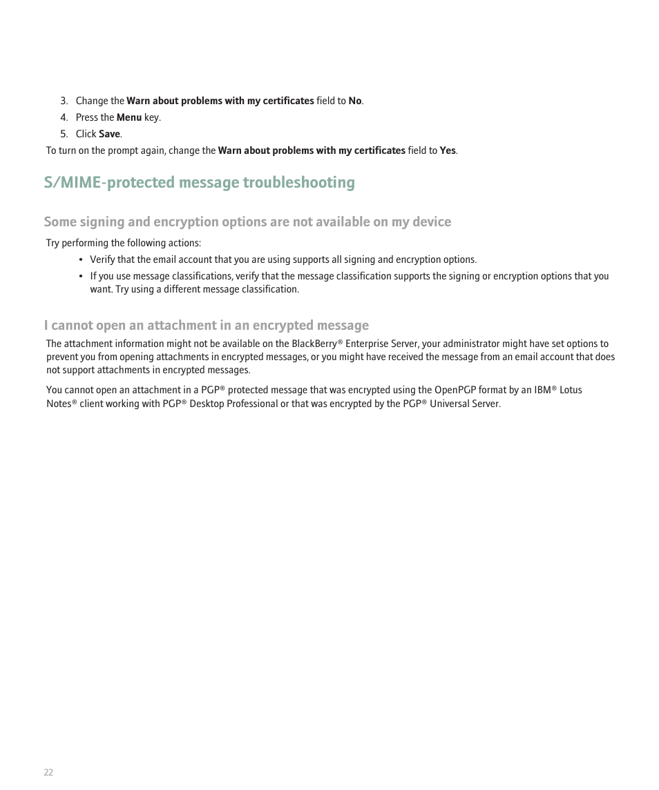 S/mime-protected message troubleshooting | Blackberry 8800 Series User Manual | Page 24 / 25