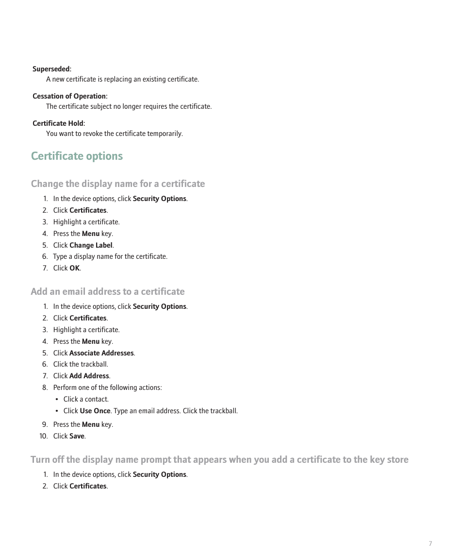 Certificate options, Change the display name for a certificate, Add an email address to a certificate | Blackberry 8800 Series User Manual | Page 9 / 25