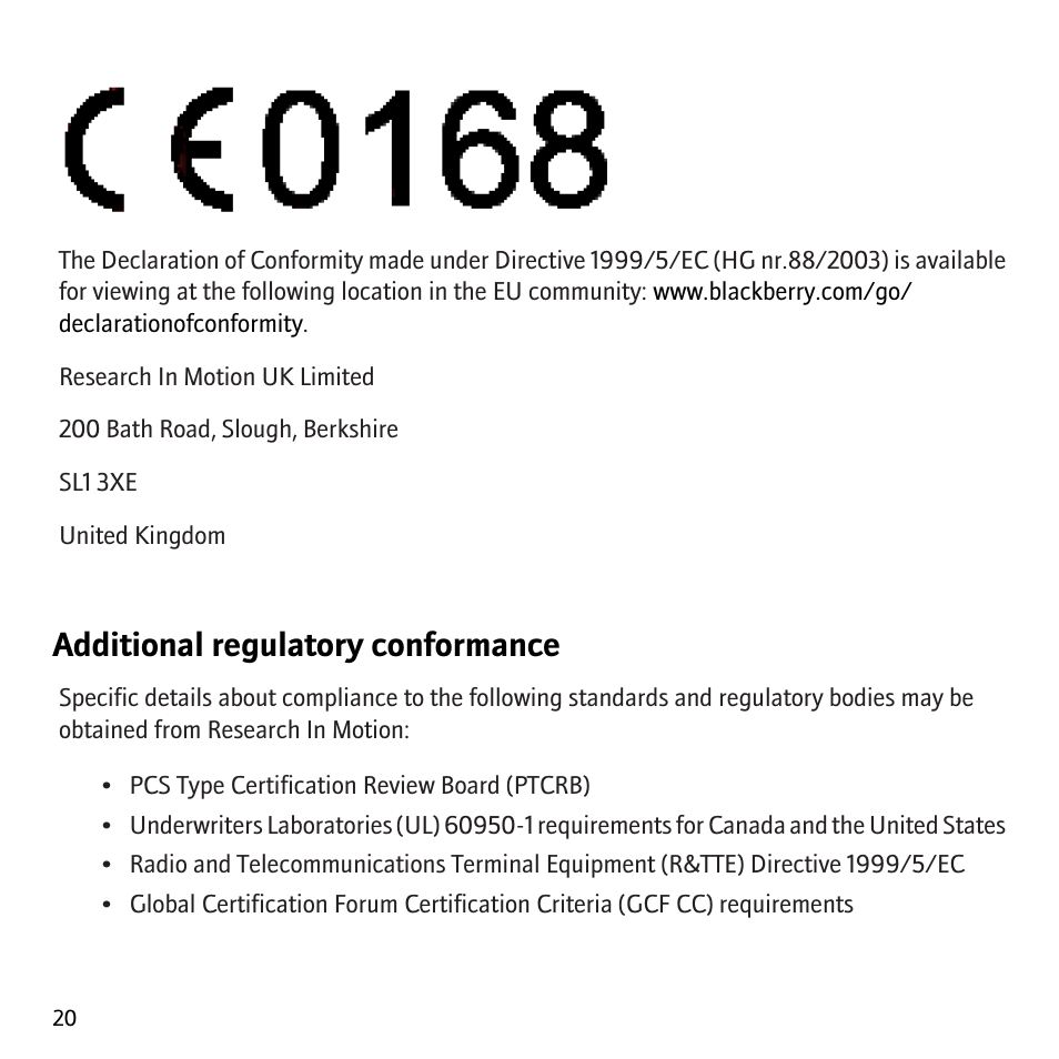 Additional regulatory conformance | Blackberry 8707g User Manual | Page 22 / 30