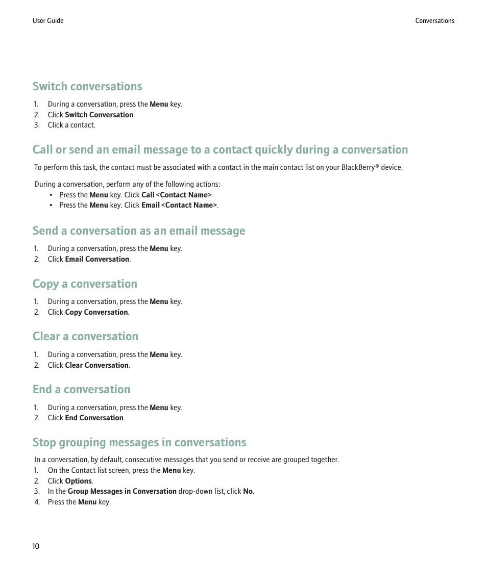 Switch conversations, Send a conversation as an email message, Copy a conversation | Clear a conversation, End a conversation, Stop grouping messages in conversations | Blackberry ICQ User Manual | Page 12 / 21