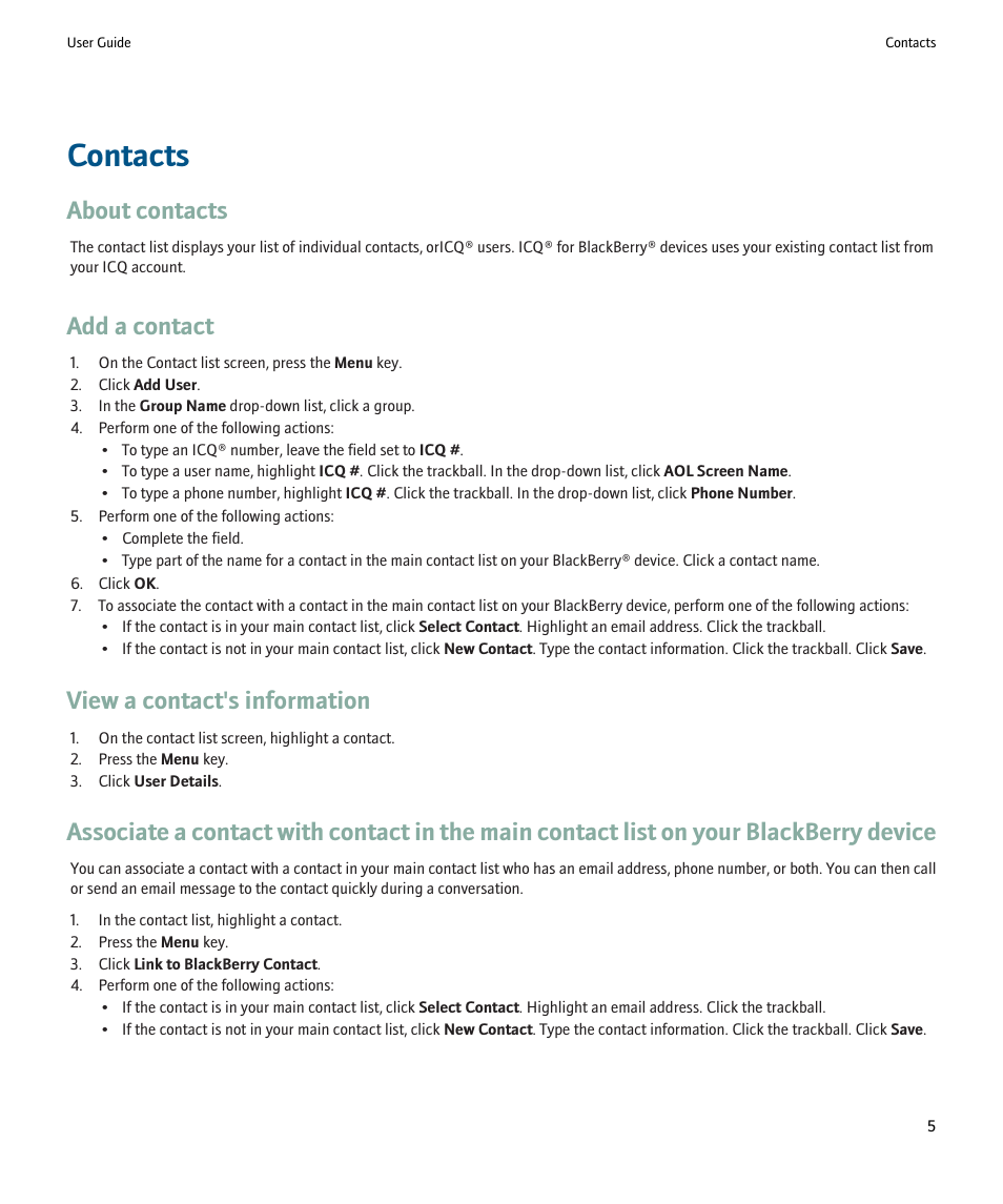 Contacts, About contacts, Add a contact | View a contact's information | Blackberry ICQ User Manual | Page 7 / 21