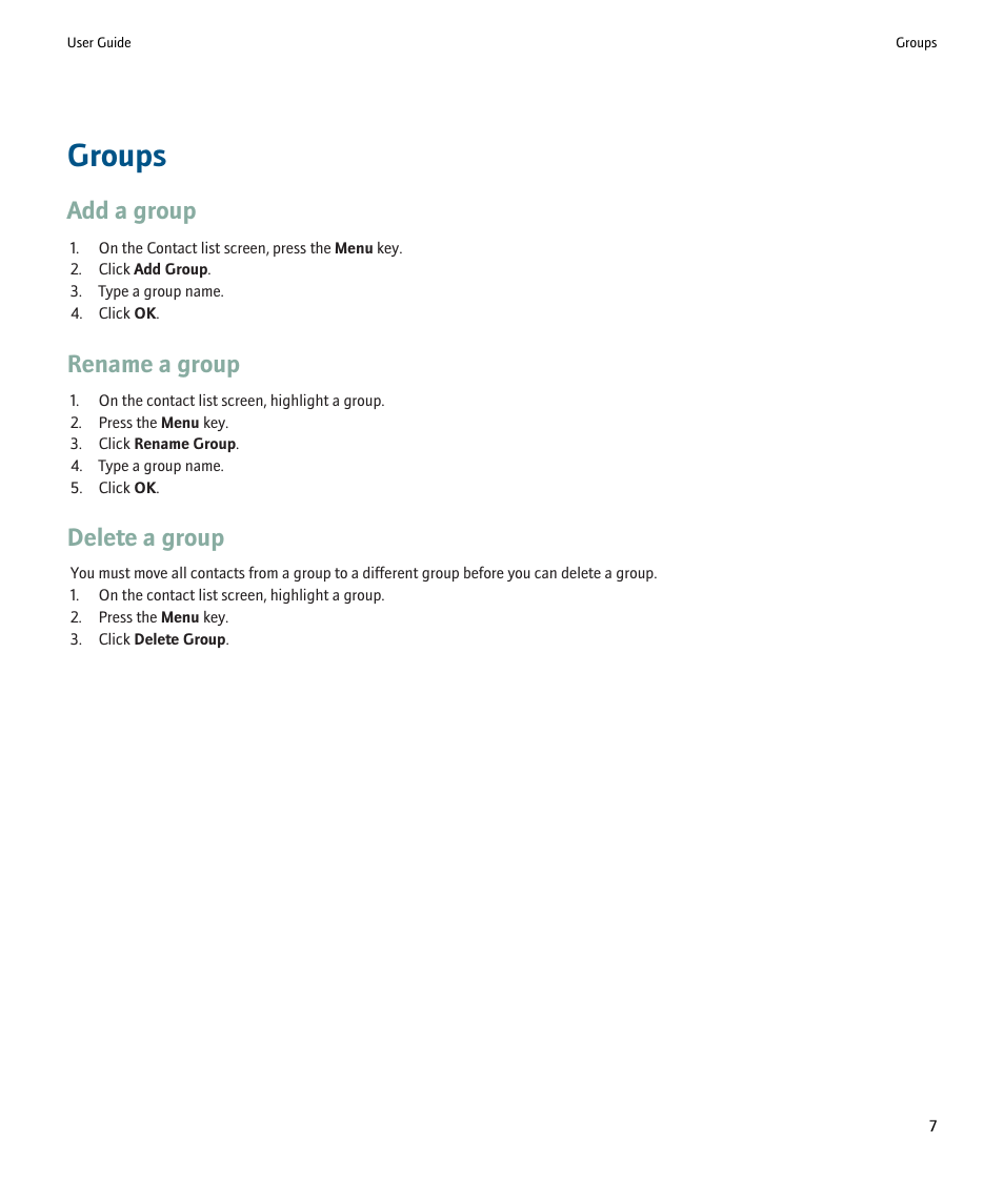 Groups, Add a group, Rename a group | Delete a group | Blackberry ICQ User Manual | Page 9 / 21