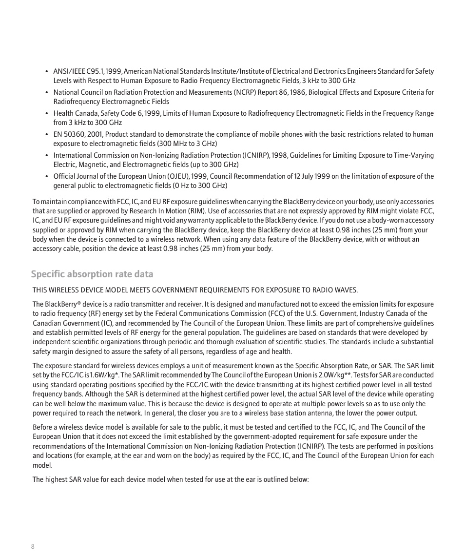 Specific absorption rate data | Blackberry 7130v User Manual | Page 10 / 16