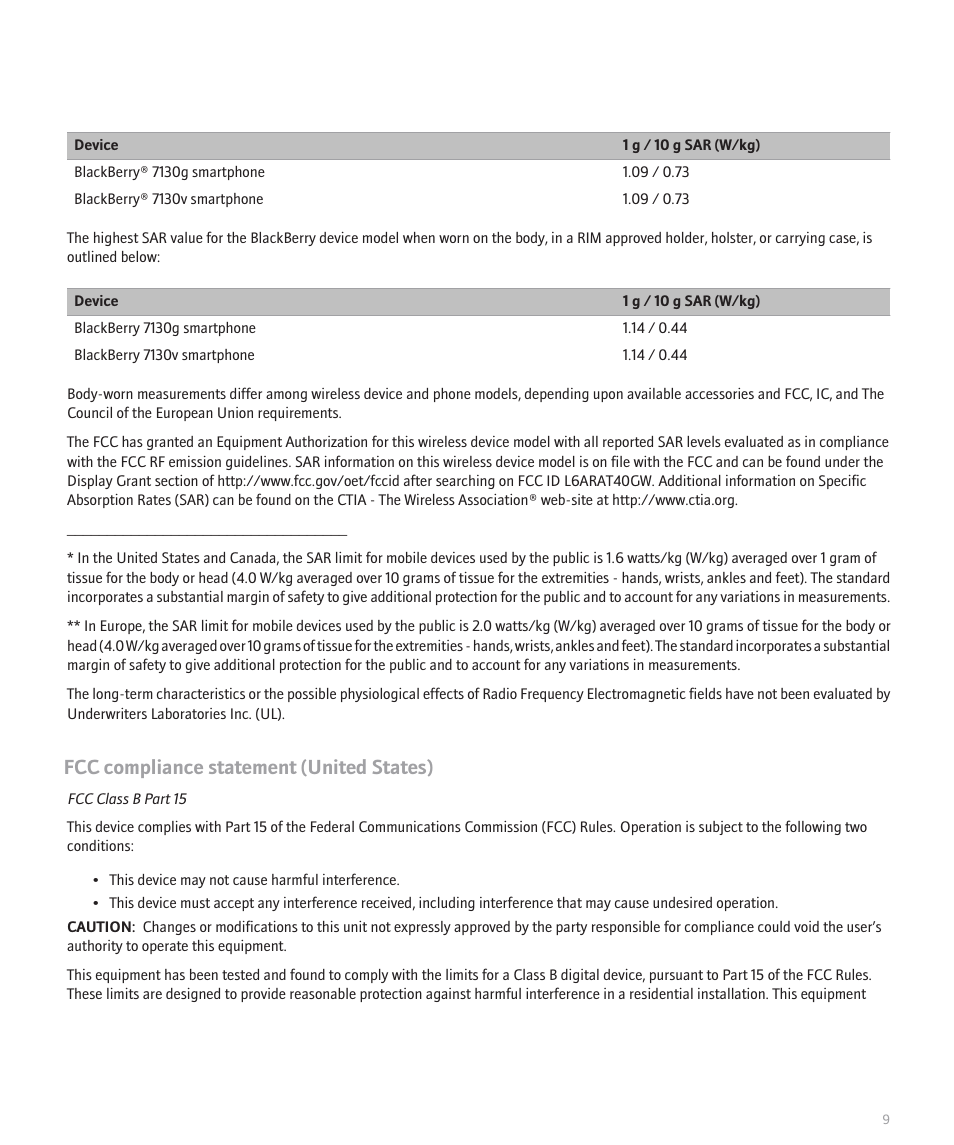 Fcc compliance statement (united states) | Blackberry 7130v User Manual | Page 11 / 16