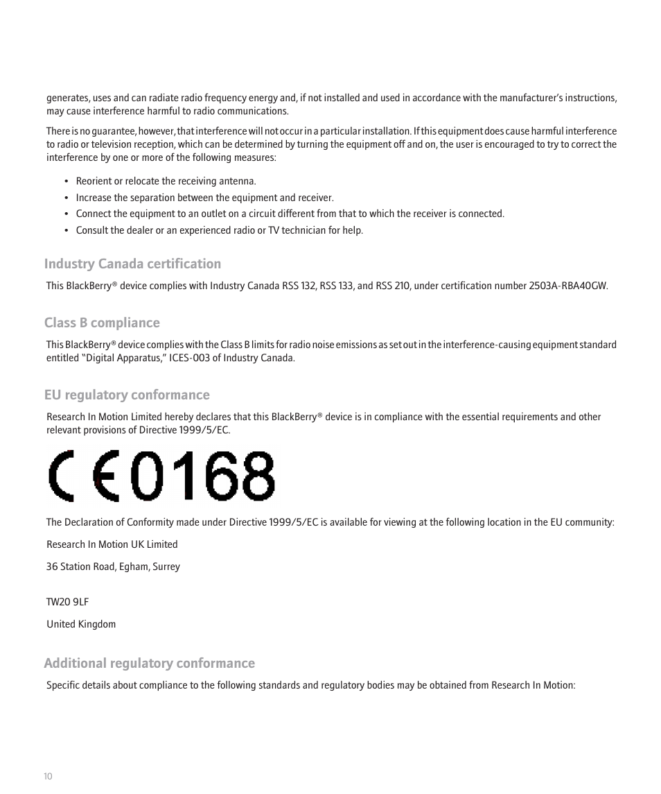 Industry canada certification, Class b compliance, Eu regulatory conformance | Additional regulatory conformance | Blackberry 7130v User Manual | Page 12 / 16