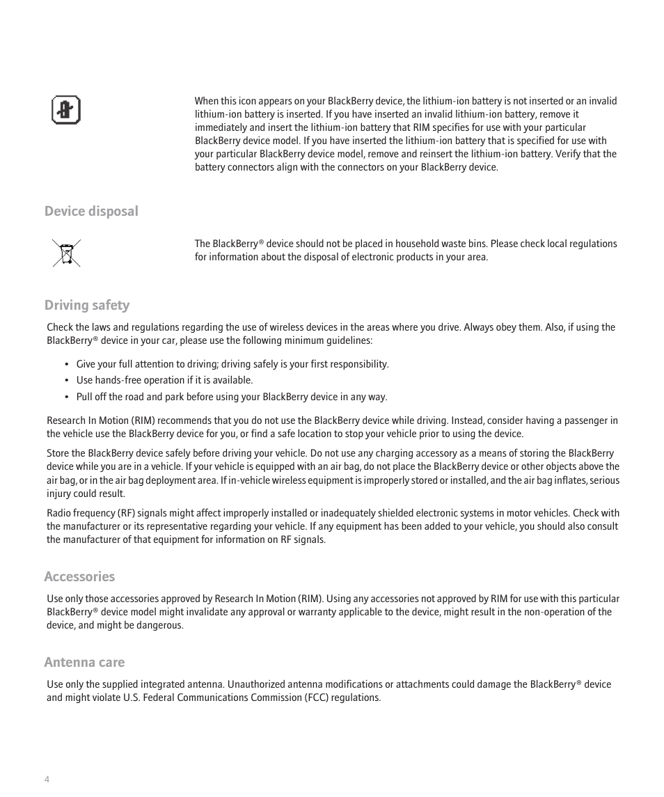 Device disposal, Driving safety, Accessories | Antenna care | Blackberry 7130v User Manual | Page 6 / 16
