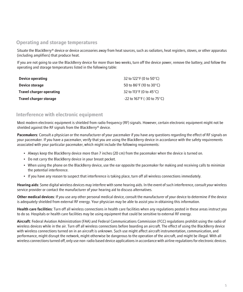 Operating and storage temperatures, Interference with electronic equipment | Blackberry 7130v User Manual | Page 7 / 16