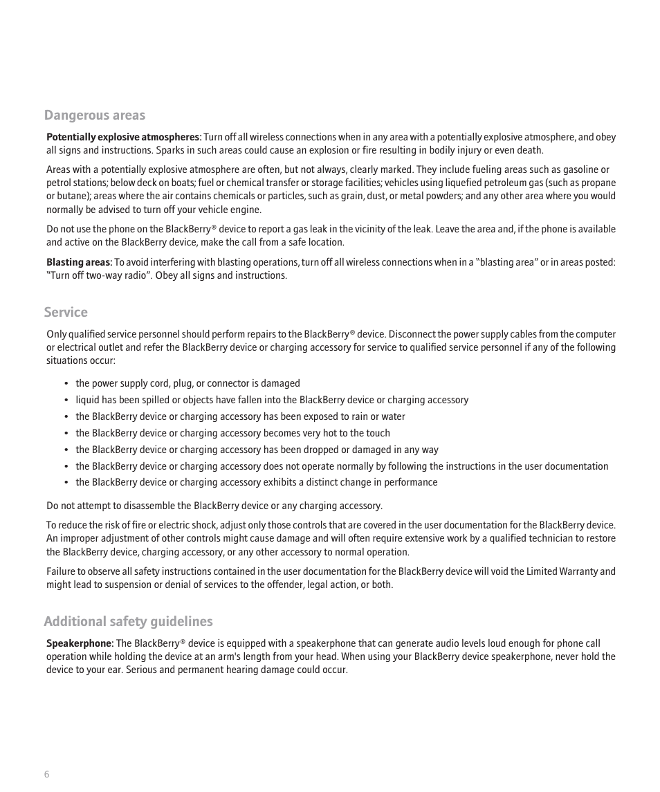 Dangerous areas, Service, Additional safety guidelines | Blackberry 7130v User Manual | Page 8 / 16