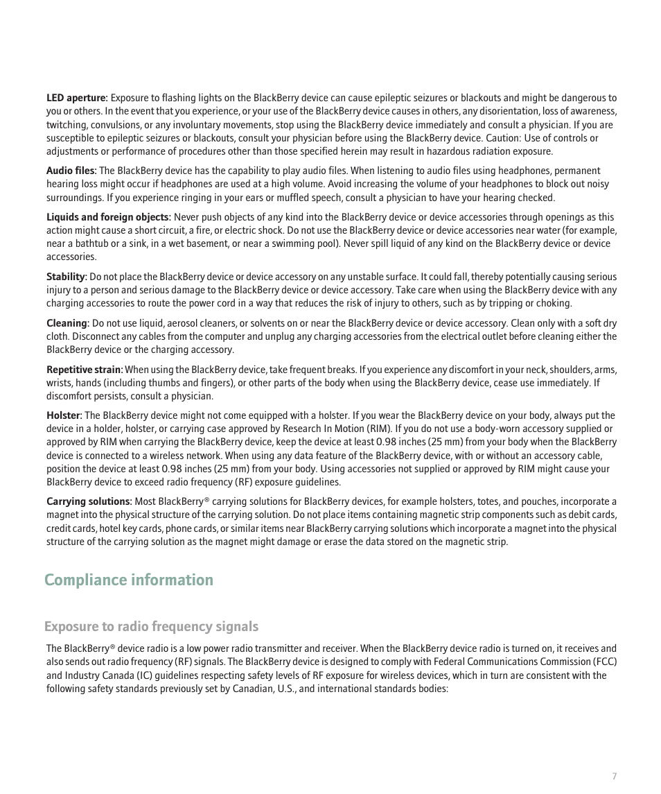 Compliance information, Exposure to radio frequency signals | Blackberry 7130v User Manual | Page 9 / 16