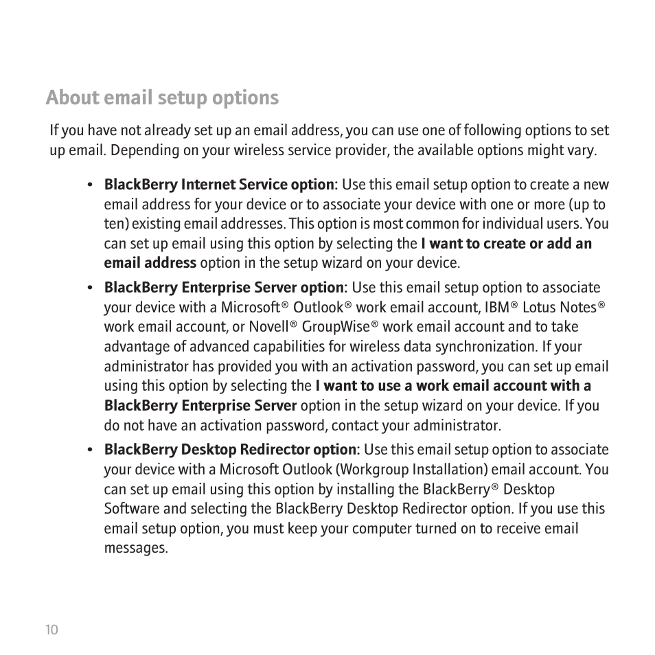 About email setup options | Blackberry CURVE 8350I User Manual | Page 12 / 46