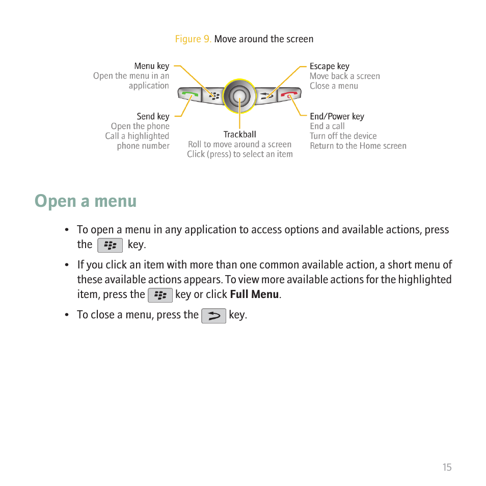 Open a menu | Blackberry CURVE 8350I User Manual | Page 17 / 46