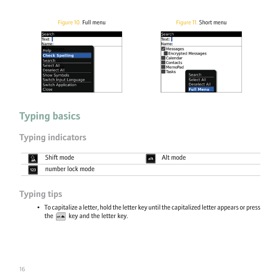 Typing basics, Typing indicators, Typing tips | Blackberry CURVE 8350I User Manual | Page 18 / 46