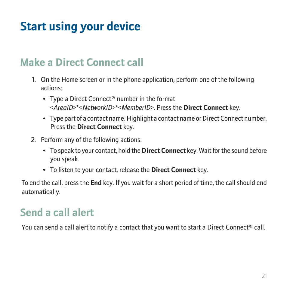 Start using your device, Make a direct connect call, Send a call alert | Blackberry CURVE 8350I User Manual | Page 23 / 46
