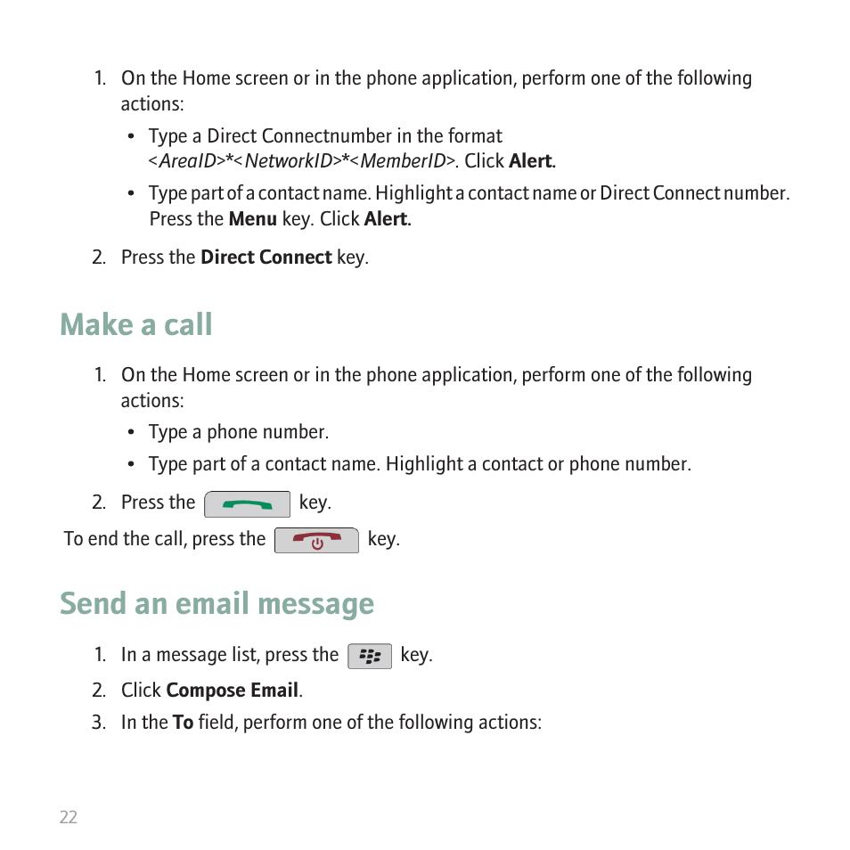 Make a call, Send an email message | Blackberry CURVE 8350I User Manual | Page 24 / 46