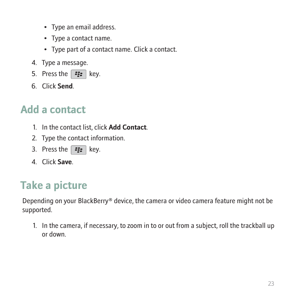 Add a contact, Take a picture | Blackberry CURVE 8350I User Manual | Page 25 / 46