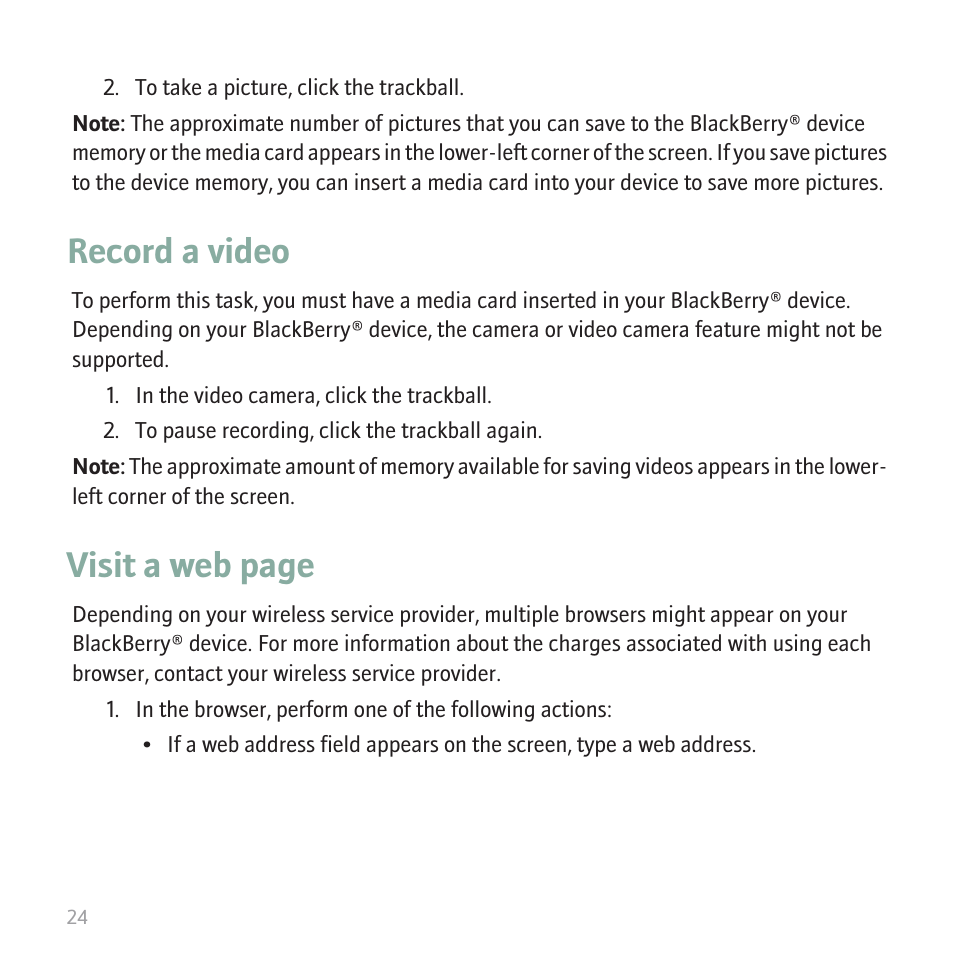 Record a video, Visit a web page | Blackberry CURVE 8350I User Manual | Page 26 / 46