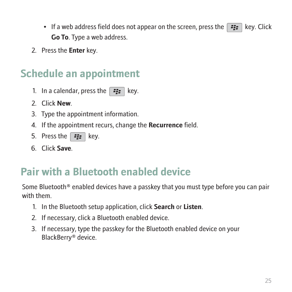 Schedule an appointment, Pair with a bluetooth enabled device | Blackberry CURVE 8350I User Manual | Page 27 / 46
