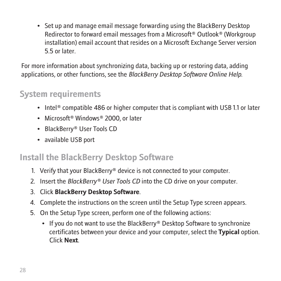 System requirements, Install the blackberry desktop software | Blackberry CURVE 8350I User Manual | Page 30 / 46