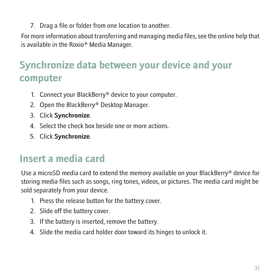 Insert a media card | Blackberry CURVE 8350I User Manual | Page 33 / 46