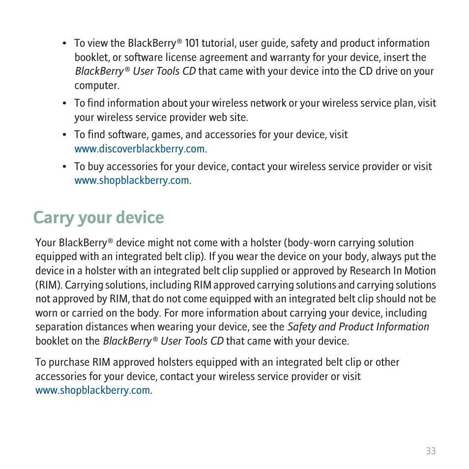 Carry your device | Blackberry CURVE 8350I User Manual | Page 35 / 46