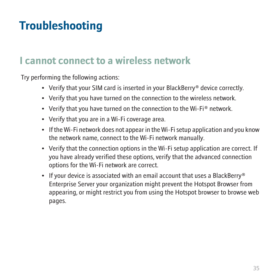 Troubleshooting, I cannot connect to a wireless network | Blackberry CURVE 8350I User Manual | Page 37 / 46