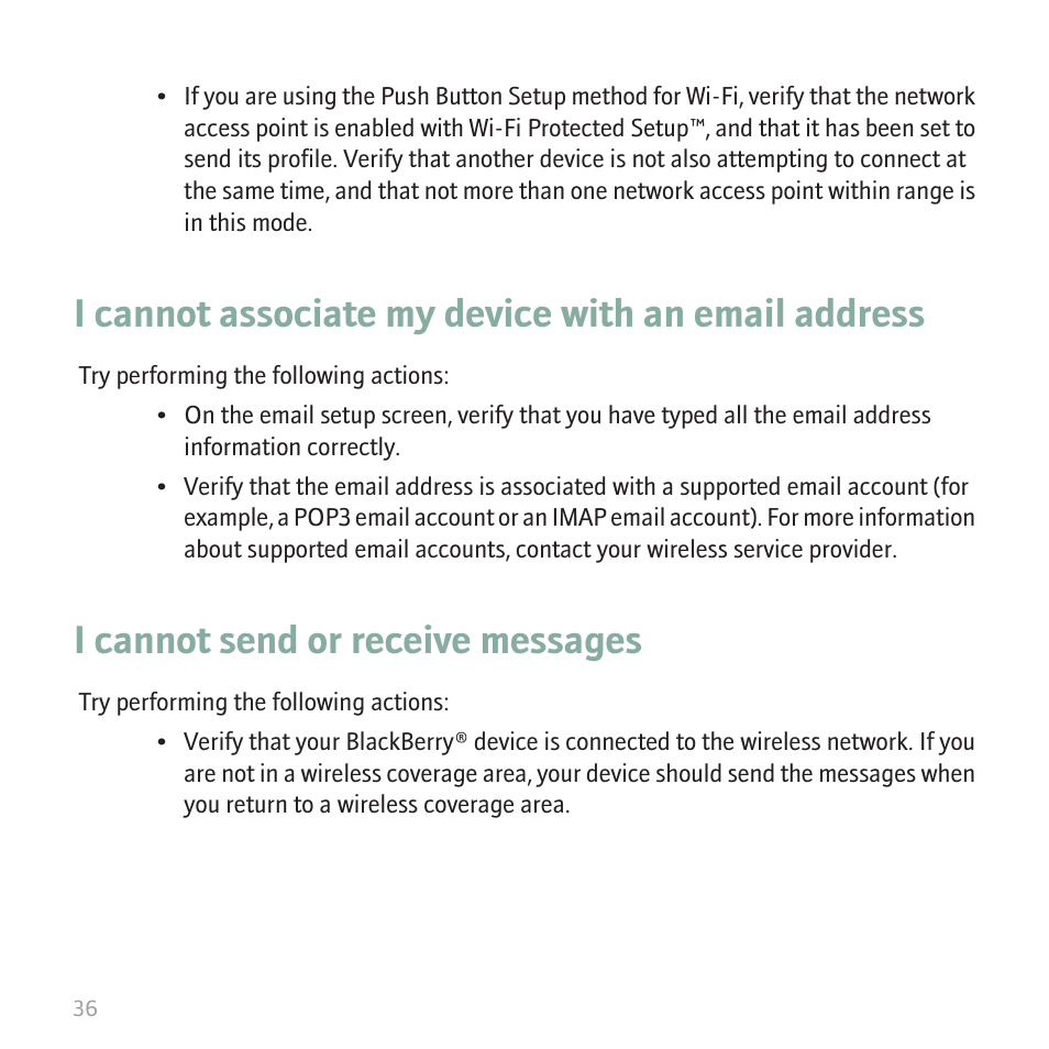 I cannot associate my device with an email address, I cannot send or receive messages | Blackberry CURVE 8350I User Manual | Page 38 / 46