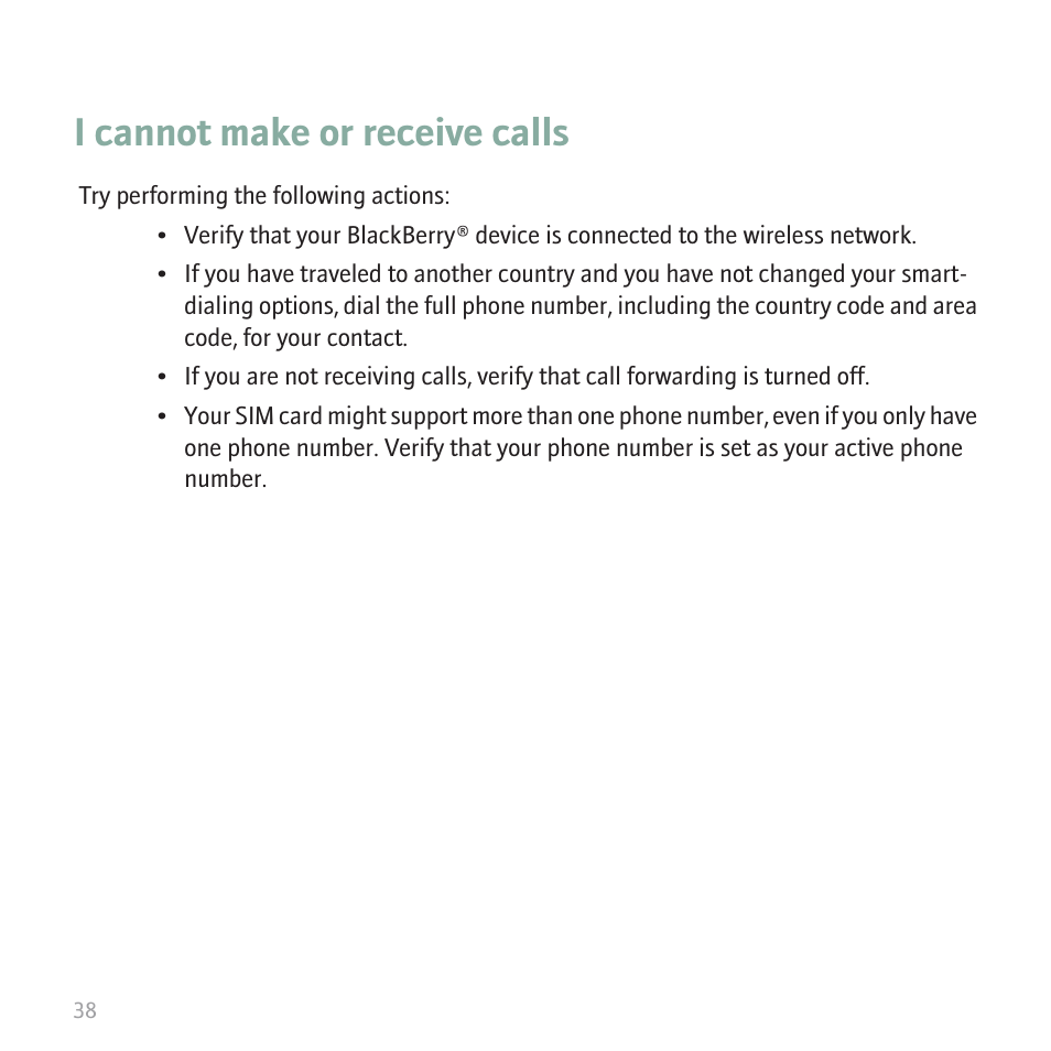I cannot make or receive calls | Blackberry CURVE 8350I User Manual | Page 40 / 46