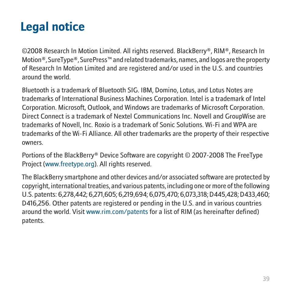 Legal notice | Blackberry CURVE 8350I User Manual | Page 41 / 46