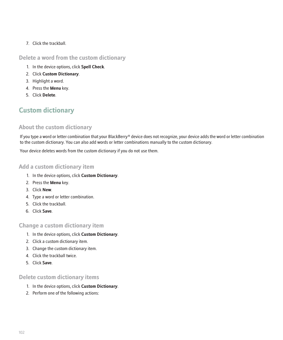Custom dictionary, Delete a word from the custom dictionary, About the custom dictionary | Add a custom dictionary item, Change a custom dictionary item, Delete custom dictionary items | Blackberry Pearl 8110 User Manual | Page 104 / 287