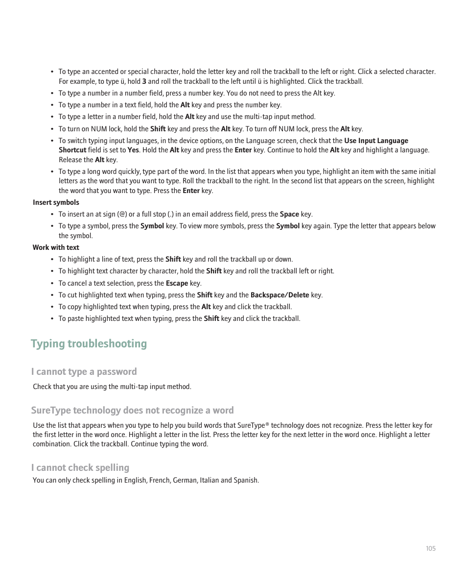 Typing troubleshooting, I cannot type a password, Suretype technology does not recognize a word | I cannot check spelling | Blackberry Pearl 8110 User Manual | Page 107 / 287