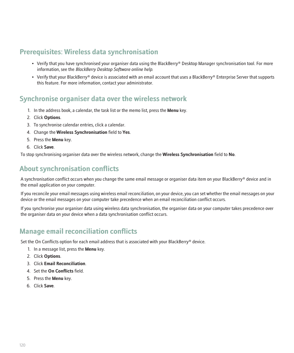 Prerequisites: wireless data synchronisation, About synchronisation conflicts, Manage email reconciliation conflicts | Blackberry Pearl 8110 User Manual | Page 122 / 287