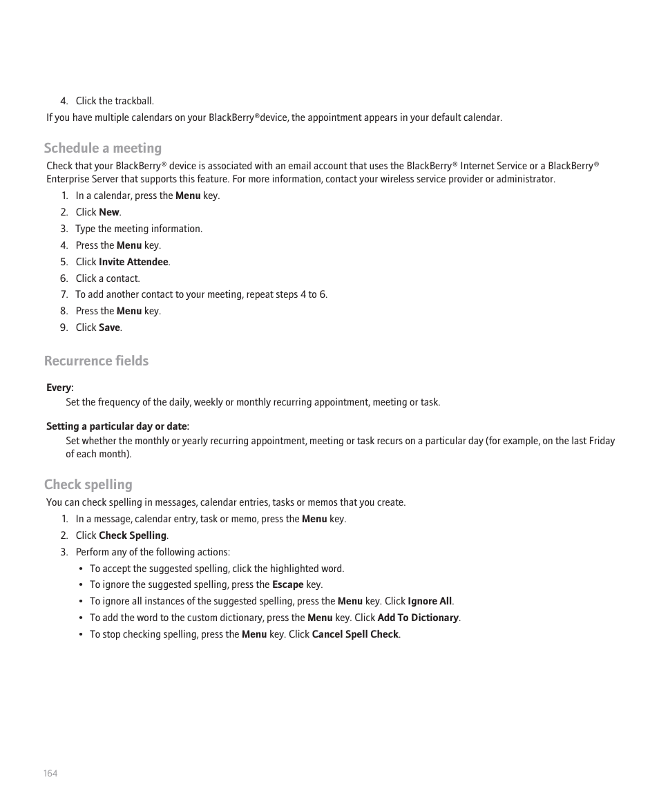 Schedule a meeting, Recurrence fields, Check spelling | Blackberry Pearl 8110 User Manual | Page 166 / 287