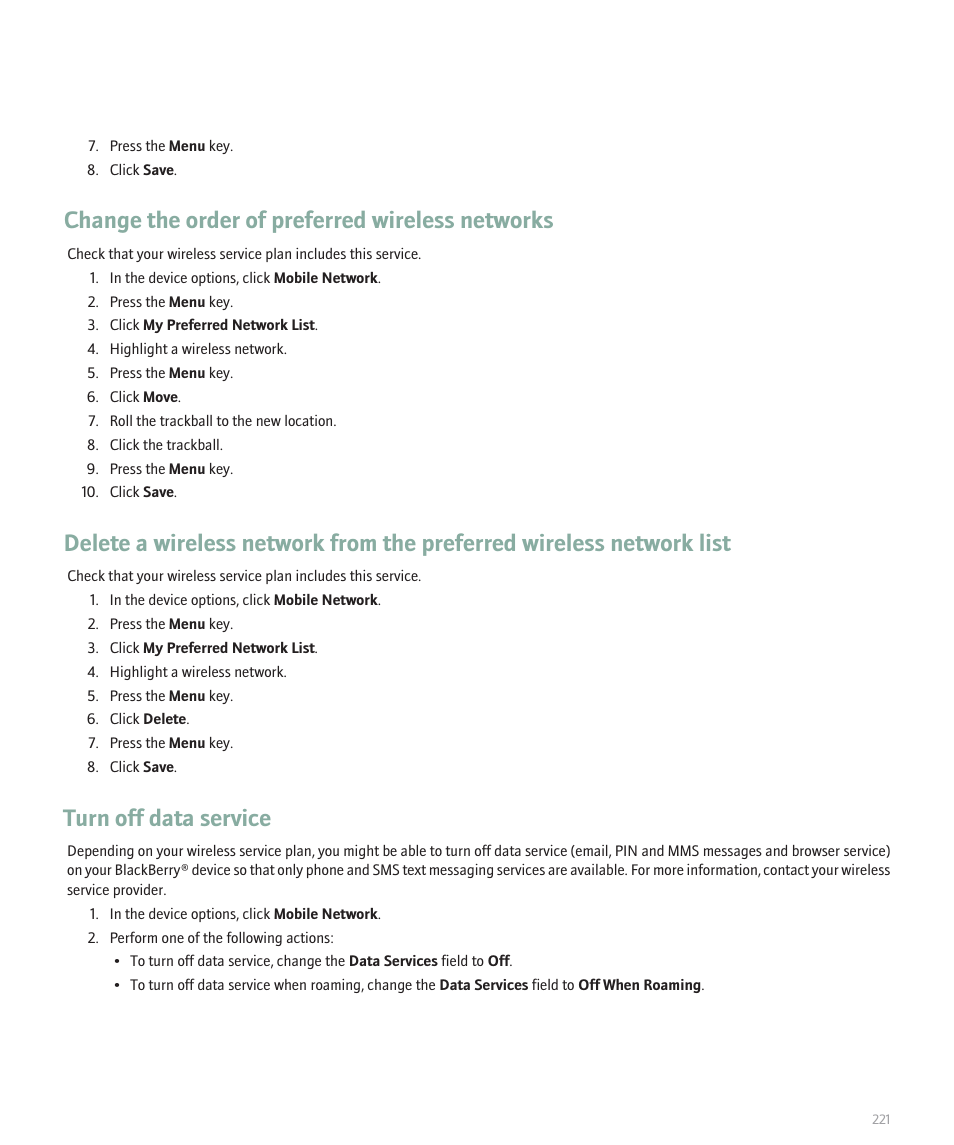 Change the order of preferred wireless networks, Turn off data service | Blackberry Pearl 8110 User Manual | Page 223 / 287