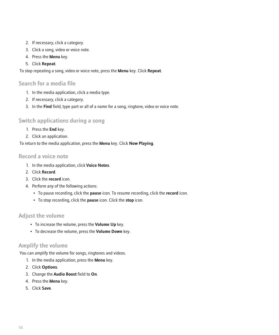 Search for a media file, Switch applications during a song, Adjust the volume | Amplify the volume | Blackberry Pearl 8110 User Manual | Page 58 / 287