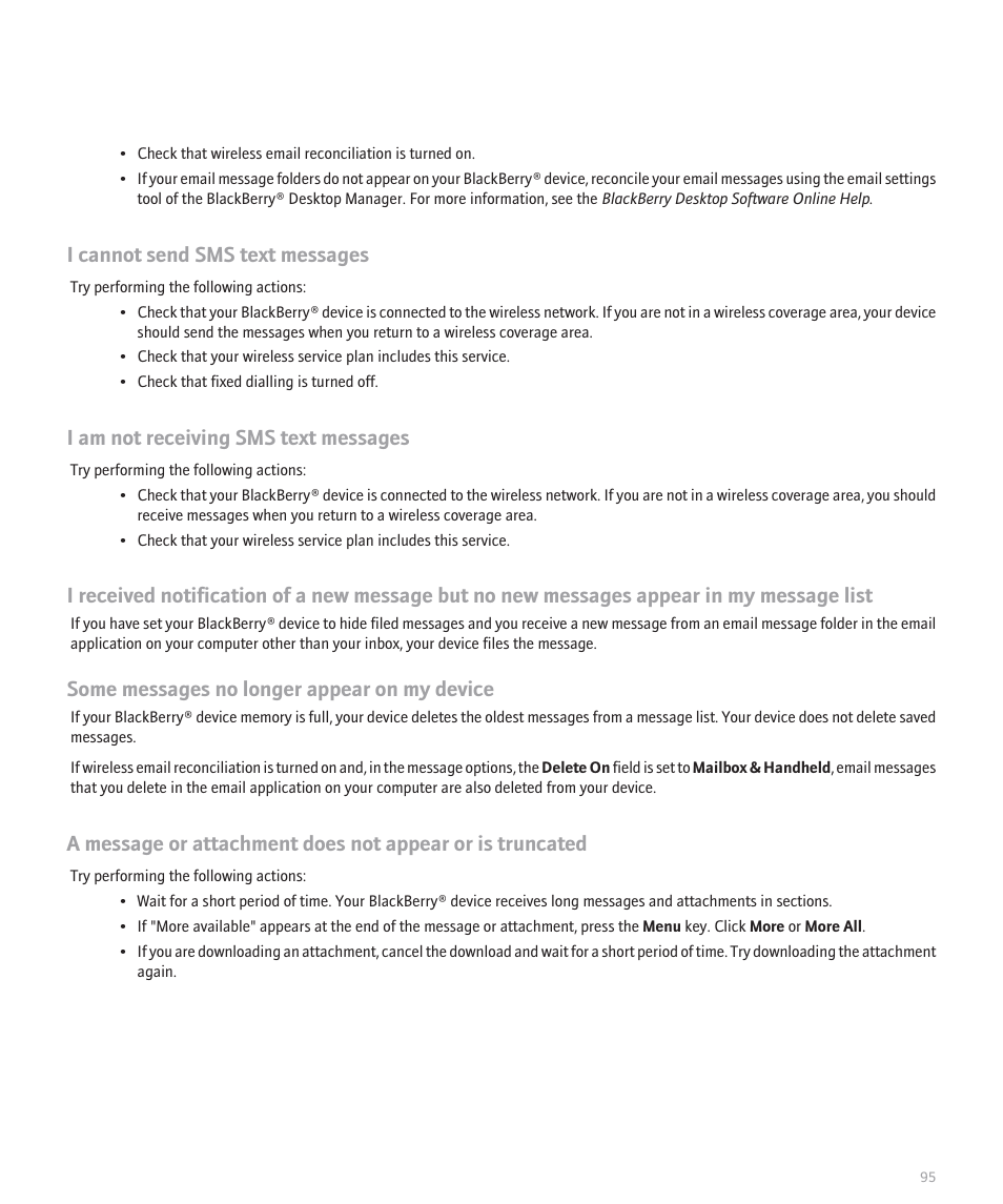 I cannot send sms text messages, I am not receiving sms text messages, Some messages no longer appear on my device | Blackberry Pearl 8110 User Manual | Page 97 / 287