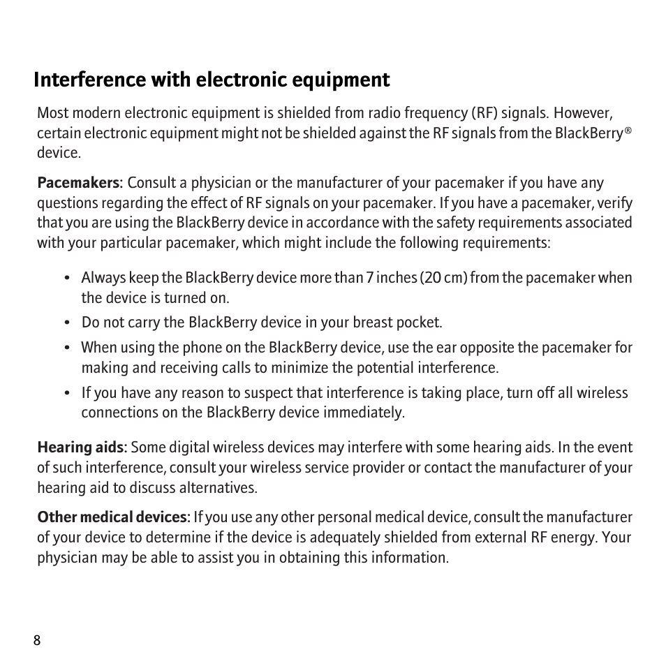 Interference with electronic equipment | Blackberry Pearl 8130 User Manual | Page 10 / 32
